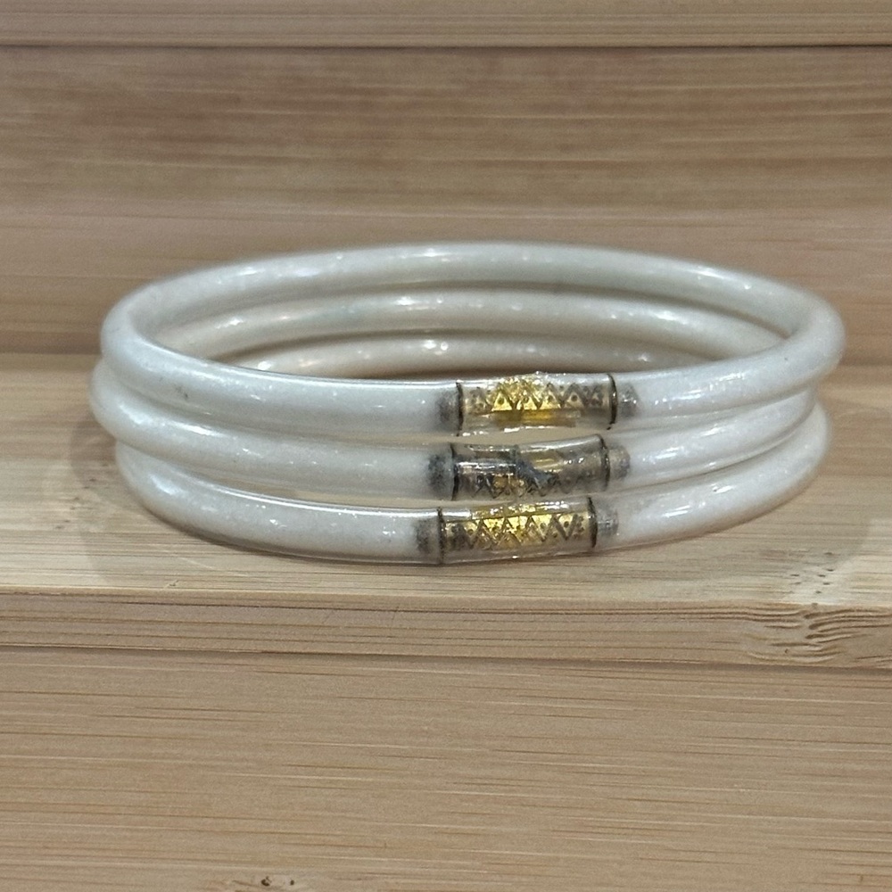 Pearl White Enamel Bangle Trio with Gold Accents